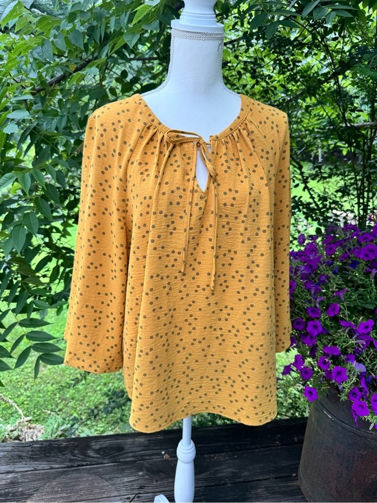 Unbranded Tops - Mustard Polka Dot Tie Neck Peasant Blouse Large XL
